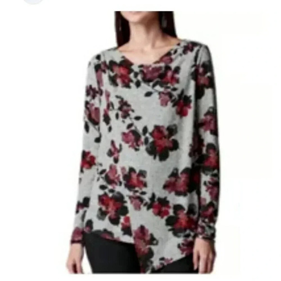 Simply Vera Vera Wang Top Size XL Gray Floral V-Neck Asymmetrical Long Sleeve - Picture 1 of 10